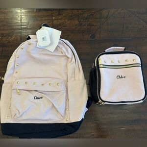 NWT Pottery Barn Emily & Merritt gold studs Backpack Lunch Bag Chloe monogram